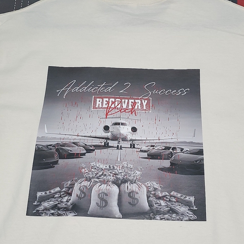 Recovery Rich t-shirt printed on American Apparel Creme and red